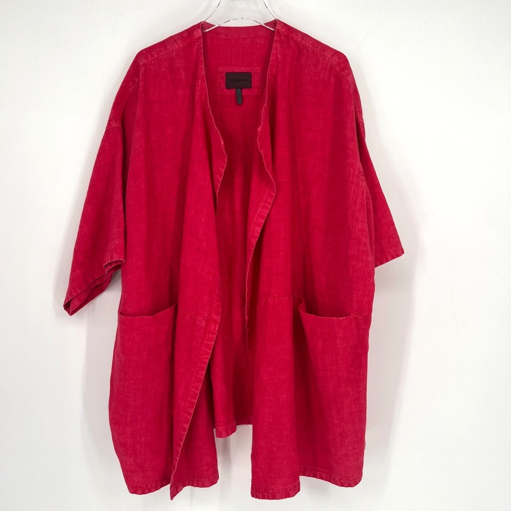 Oska Linen‎ Cardigan Womens 8/10 Red Jacket Lagenlook Natural Relaxed Oversized